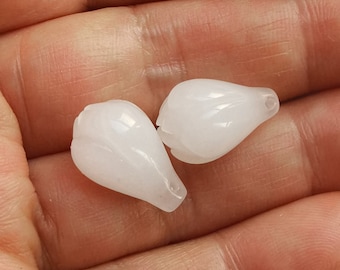 2 White Jade Magnolia Flower Beads: Carved Gemstone Pendants