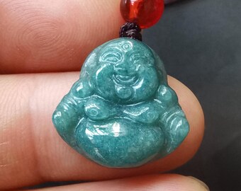 翡翠　原石、カービング仏陀　ハンドメイド、シルバーペンダントトップ 仏教の神々、仏陀、天然ブルージェダイト翡翠石ペンダント、グレードA