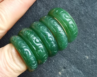 Hand flower twist Carving Natural Nephrite green jade stone band thin Rings,US 9