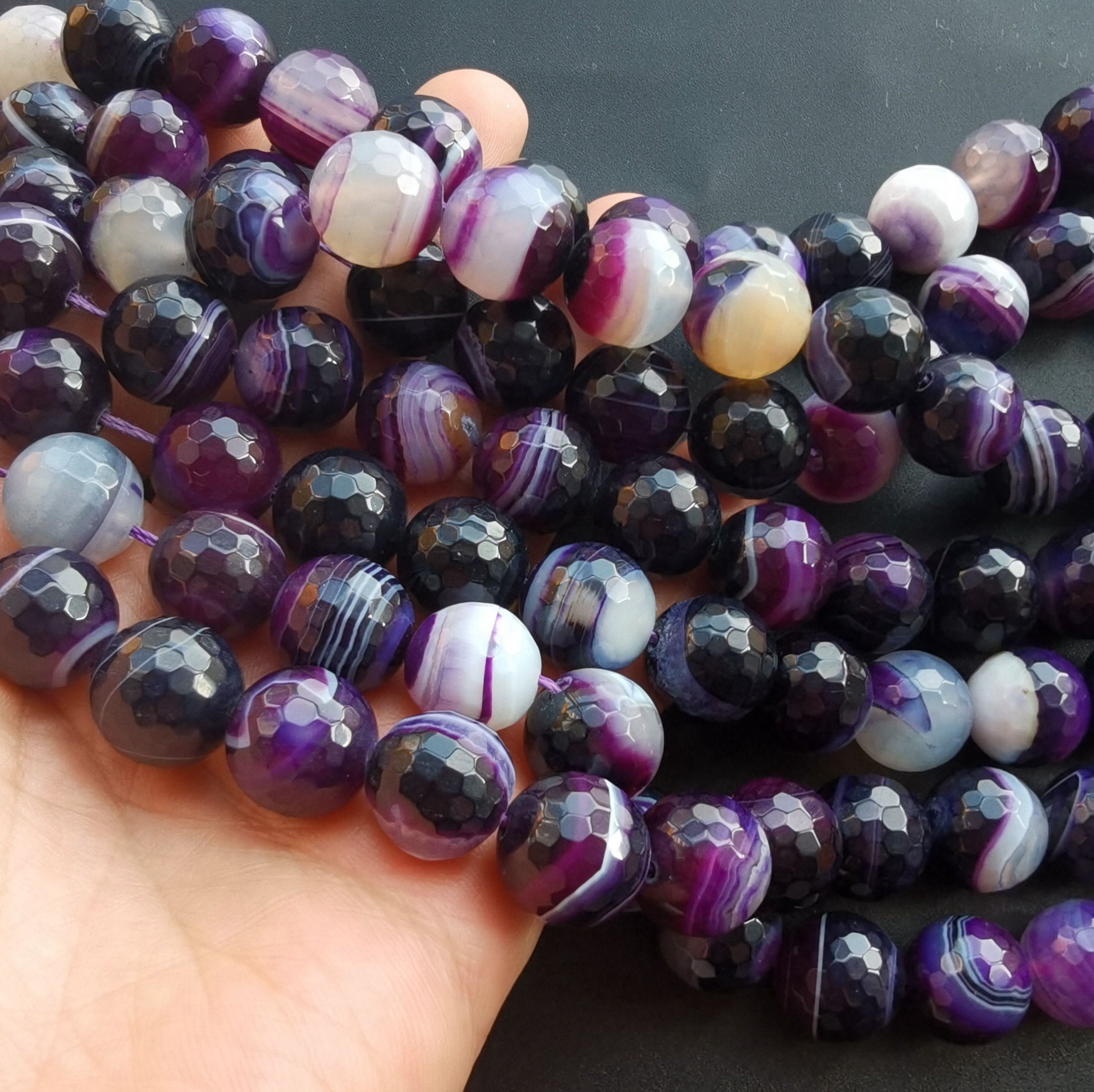 14mm Faceted purple Vein Agate stone strandRound Crackle | Etsy
