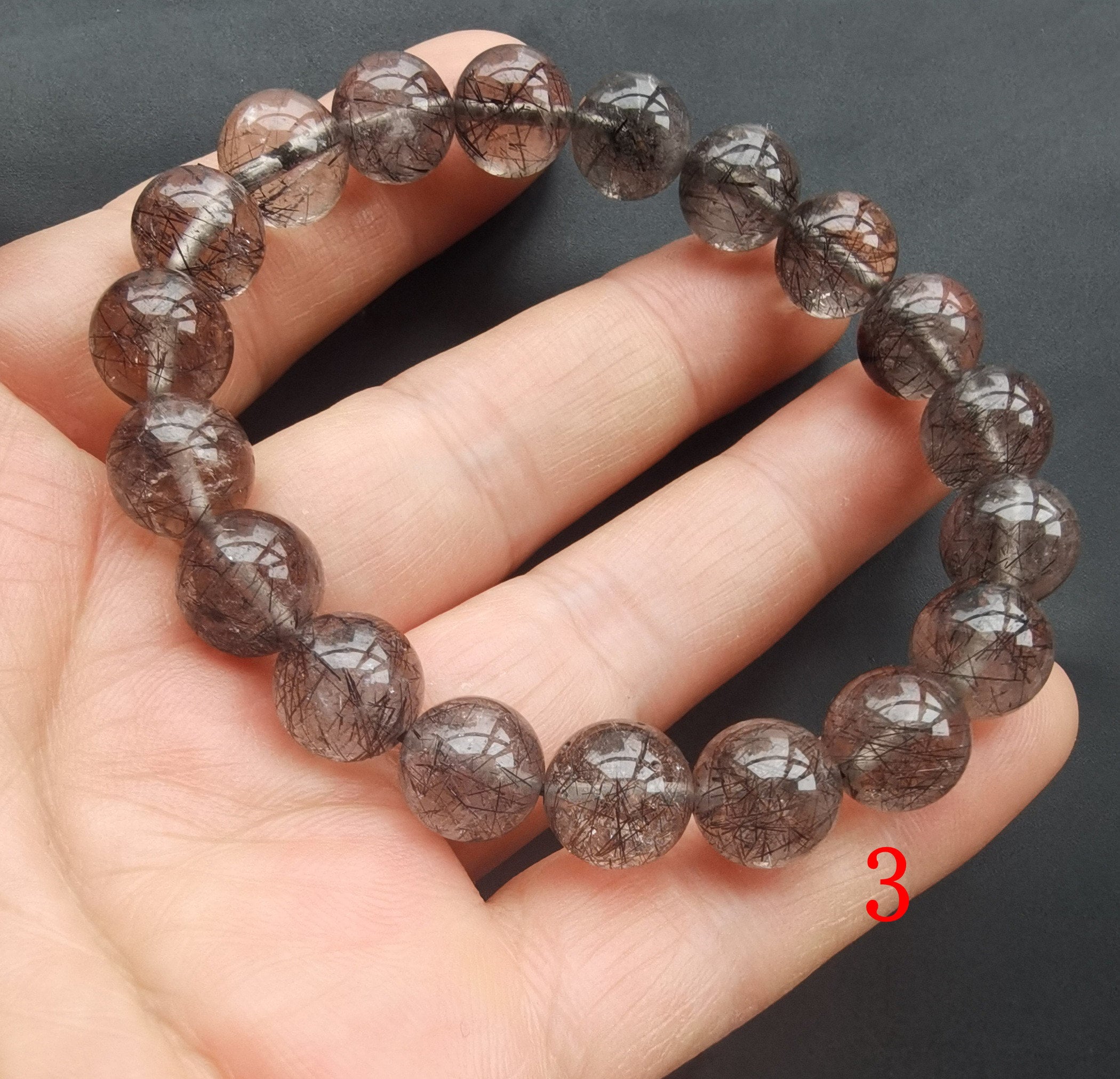 天然石ブレスレット⑪ Natural Black Rutilated Quartz, Crystal Beaded Bracelet,10mm