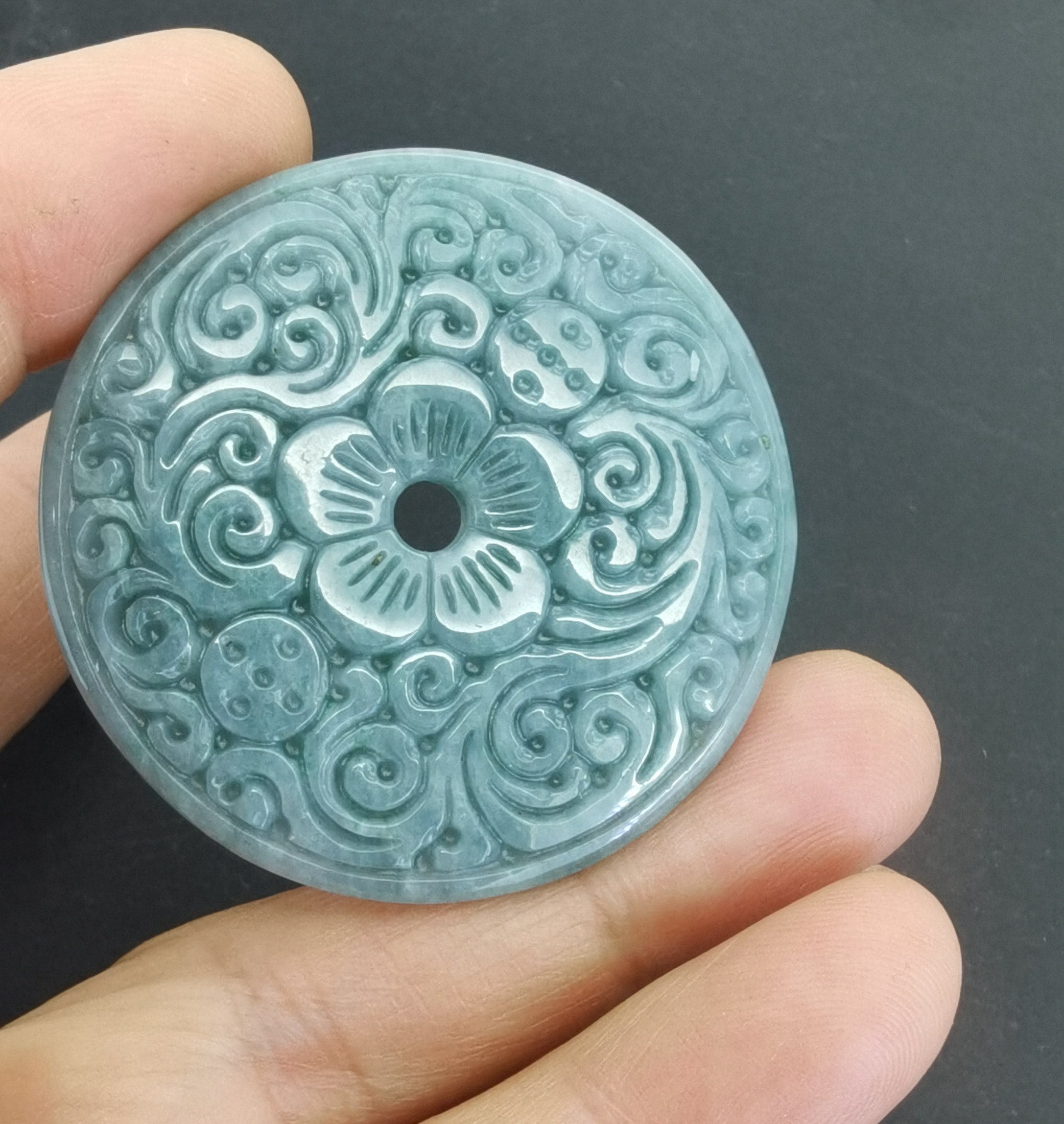 Certified,46mm Donut circle carving flower natural blue jadeite jade stone pendant,donut face "花开富贵",A,Amulet,protection making hand jewelry
