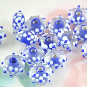 5beads 6Beads 10Beads Hole 3mm Charm Rondelle White Flower Blue Clear Lampwork gemstone beads 8mmx14mm Glass Gemstone Beads