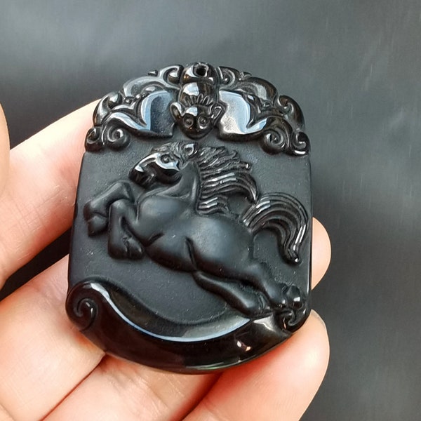 Rectangle Horse bat bird Black Obsidian stone Pendant, Amulet Mythical Animals Necklace Pendant Jewelry, for handmade making jewelry