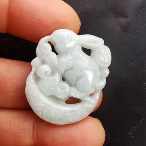 Rabbit Moon,flower Natural light green Burmese Jadeite Jade stone pendant,Grade A,carved jade,Amulet necklace,Gemstone bead jewelry