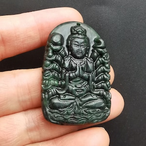Chinese natural black green Jade Pendant, Carved Buddism Guanyin, Amulet Necklace Pendant Jewerly MB