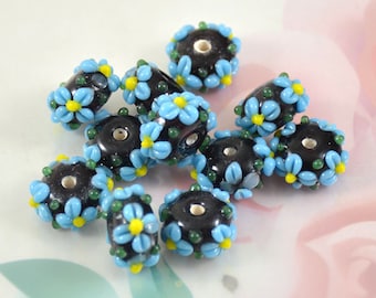 Blue Flower Lampwork Beads: Charm Rondelle Gemstone Beads (8mmx16mm)