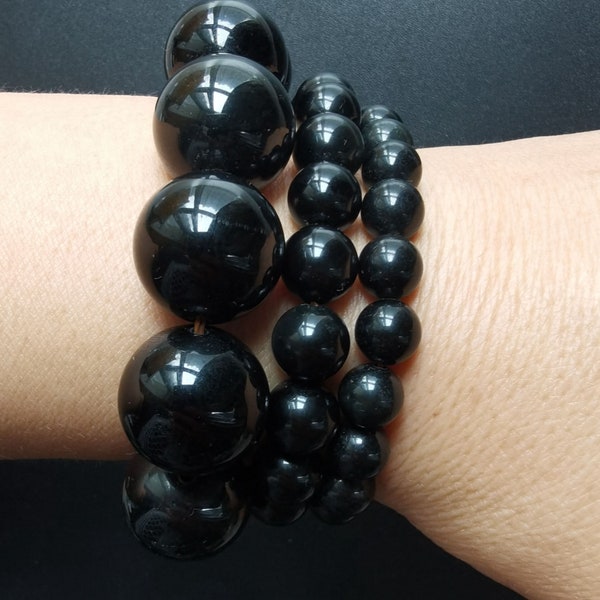 Round Black Obsidian stone bracelet,6mm,8mm,10mm,12mm,14mm,16mm,18mm,20mm,smooth Round,woman gift,man bracelet,Stretch Bracelet