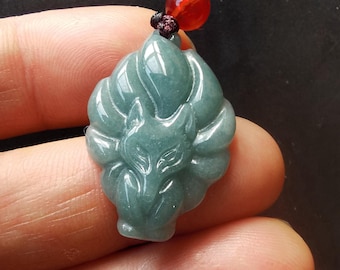 Blue Jadeite Fox Pendant: Carved Gemstone Amulet