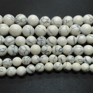 Round white/Slant yellow, black turquoise beads, howlite turquoise, 8mm, 10mm, 12mm, full one strand, 15.5&quot;