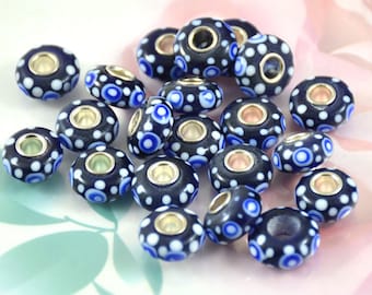 Lampwork Glass Charm Beads: Blue White Rondelle, Large Hole (4.5mm)