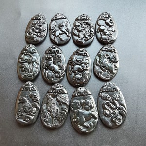 Chinese Zodiac natural black Jade stone Pendant,Rat,Ox,Tiger,Rabbit,Dragon,Snake,Horse,Sheep,Monkey,Rooster,Dog,PigAmulet Mythical Animal MB