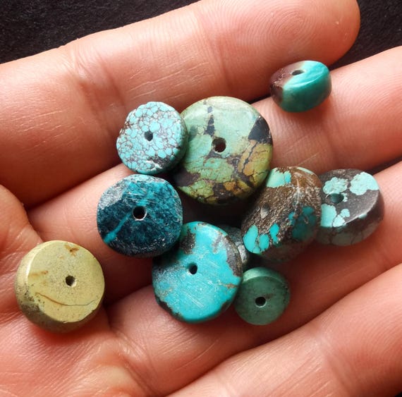8.8g 10beads Genuine coin donut,natural old turquoise,green black loose beads,for making earring beads,bracelet beads,necklace