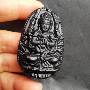 Chinese bodhisattva Black Obsidian stone Pendant, Oval Amulet Necklace Pendant Jewerly, for handmade making jewelry