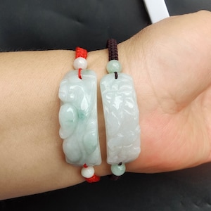 Pixiu dragon jadeite Bracelet,Grade A Natural jade stone bracelet, Burmese jade, Amulet handmade weaved brown rope Bracelet,Unisex Bracelet