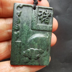 Rectangle Carving Chinese Zodiac happy pig natural  green Jade Pendant,Amulet Necklace Jewerly for making handmade jewelry MB