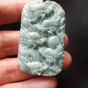 Certified,Rectangle,nine dragons,carving Natural green Jadeite Jade stone pendant,Grade A,Amulet Mythical Animals necklace,Gemstone jewelry