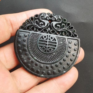 Carved Green Jade Pendant, Charm Dragon Jade Pendant Link,  Coin black jade fitting Amulet Talisman making Neckalce Pendant Jewerly MB