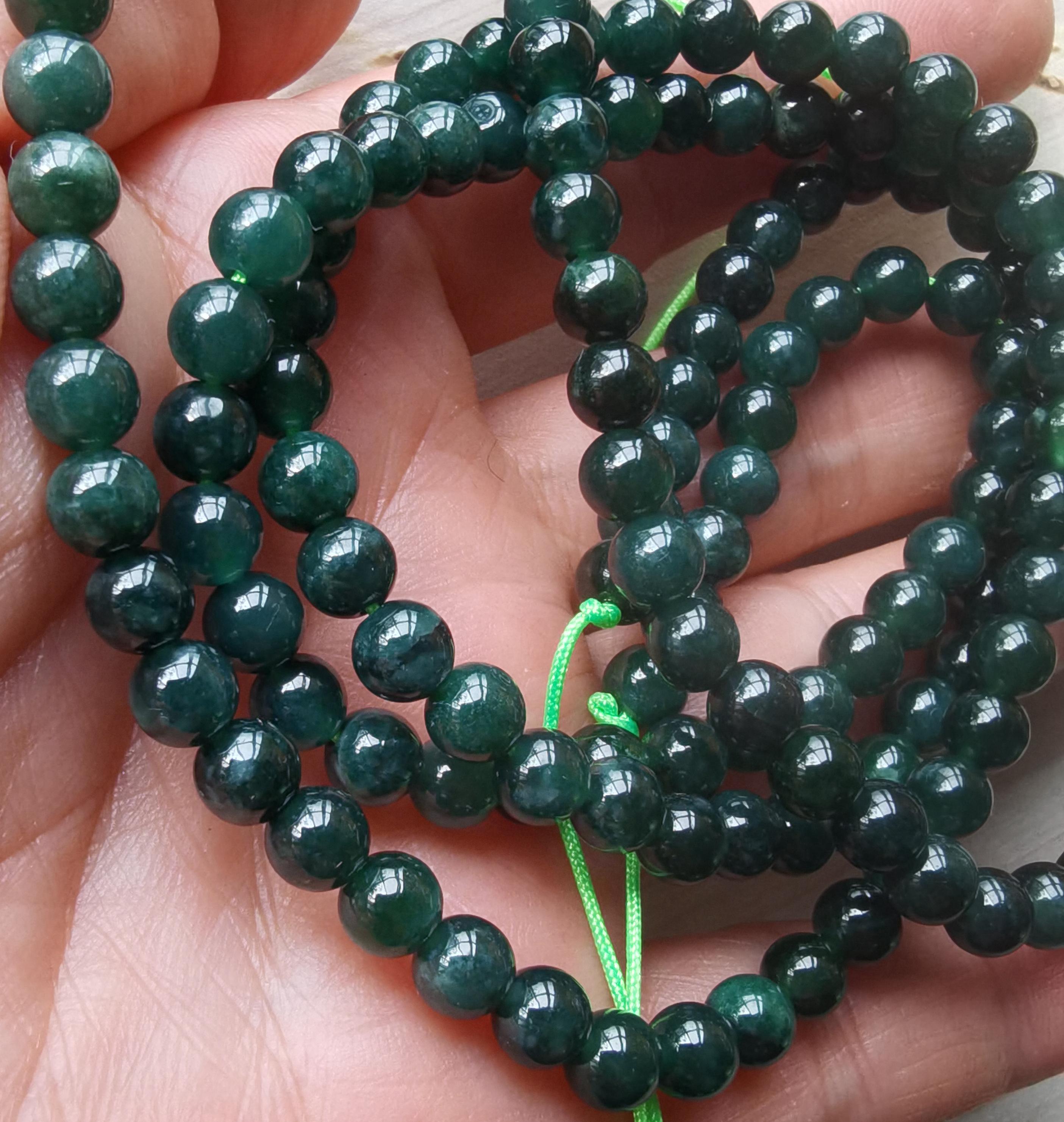 Collana In Giadeite Naturale Intagliata &ndash; Perline 4.8mm, Lunghezza 500mm, Verde Olio