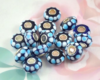 Blue & White Lampwork Beads: Large Hole Charm Rondelle (8mmx14mm)