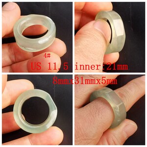 May include: A light green jade ring with a smooth, polished finish. The ring is 8mm x 31mm x 5mm in size and has an inner diameter of 21mm. The ring is labelled as size 4, UK size 11.5.
