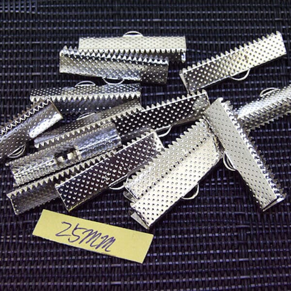 50Pieces 25mm or 1 inch  Ribbon Clamps Silver Filigree Metal Clips Connecters fitting for Leather Bracelet Clamp End Crimps