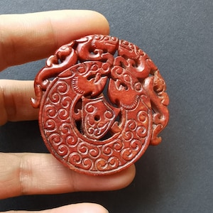 Dragon Phoenix carving red Jade stone Pendant,double face,Good lucky Amulet for making charm handmade Necklace Pendant Jewerly A05