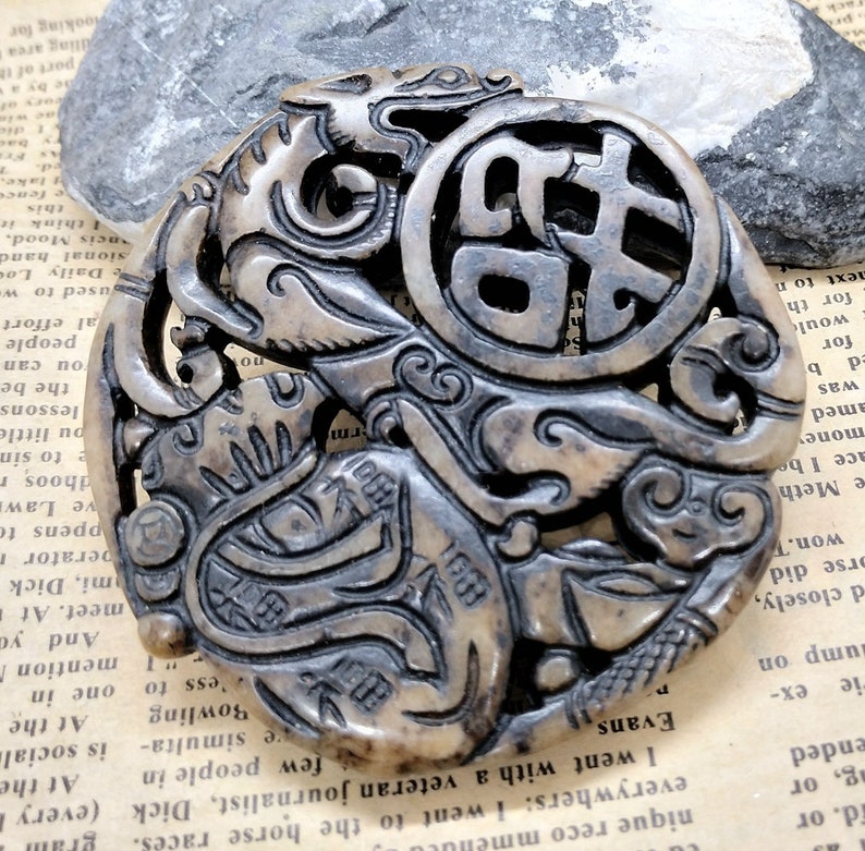 Dragon brown Jade Pendant Amulet Mythical Animals Necklace Pendant Jewerly B1 Chinese ancient Jade stone Pendant Charm Circle Carved Rich