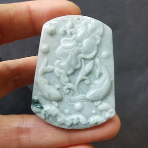 Certified,Carving fish Lotus flower Natural Burmese green Jadeite Jade stone pendant,Grade A,Amulet for making necklace,gemstone jewelry