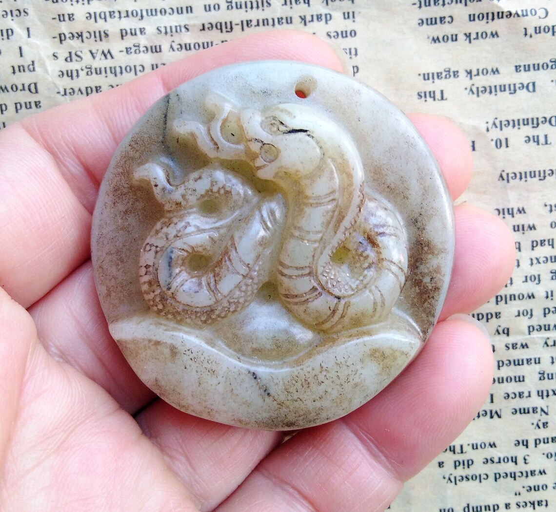 Snake Jade Pendantcarved Natural White Jade Stone Pendant Etsy