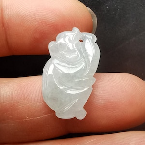 May include: A pale, translucent, light green carved jade pendant featuring a stylized animal figure. The smooth, polished stone has a glossy finish with subtle internal variations and a small hole at the top for suspension, showcasing intricate curves.