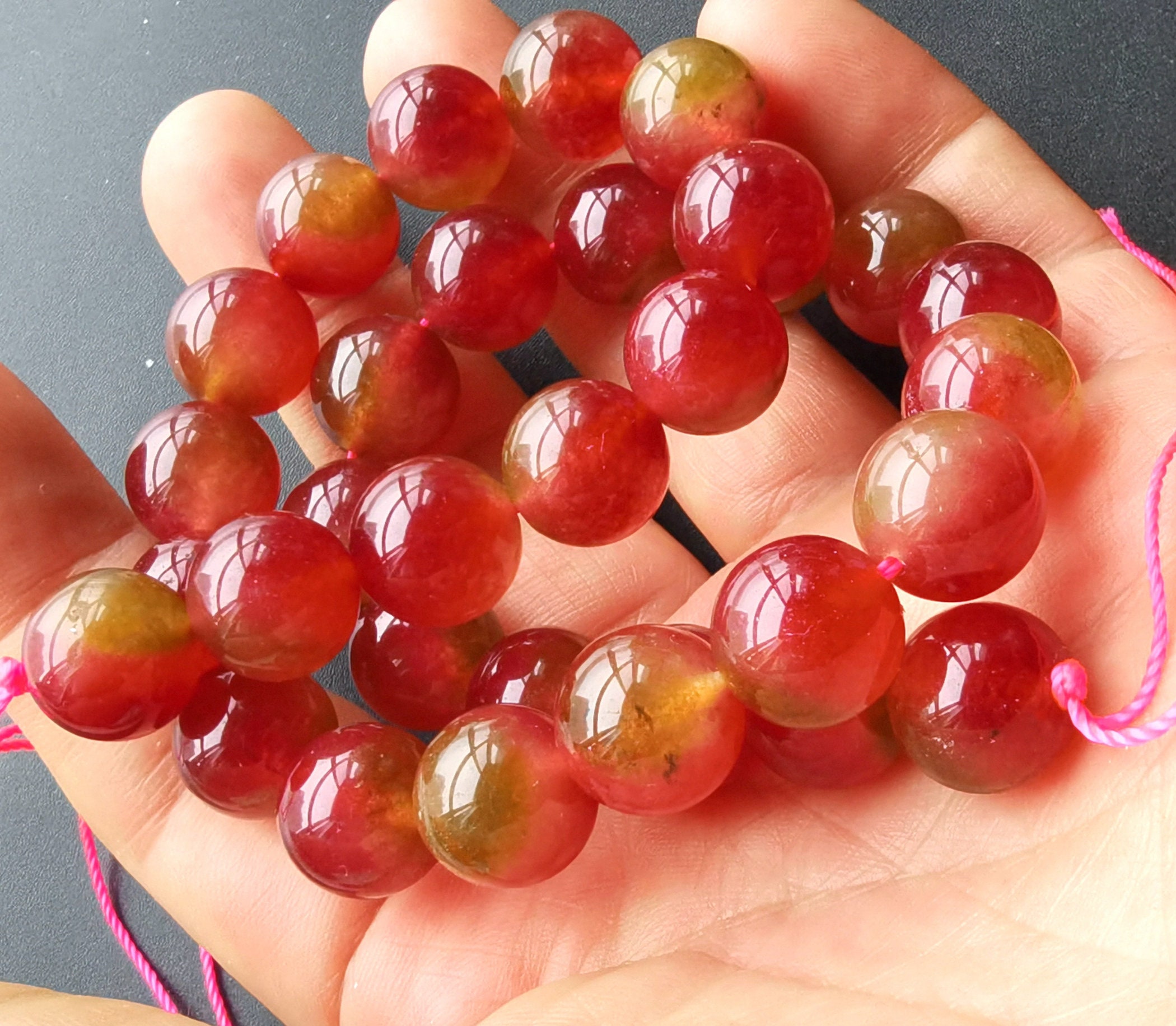 Round Watermelon jade strand candy Smooth green pink jade Etsy