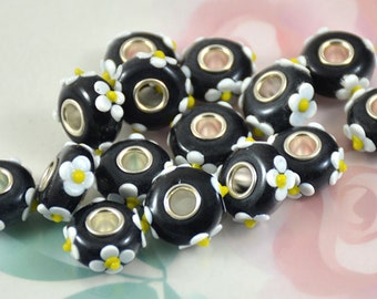 Black Lampwork Flower Beads: Large Hole Charm (4.5mm)