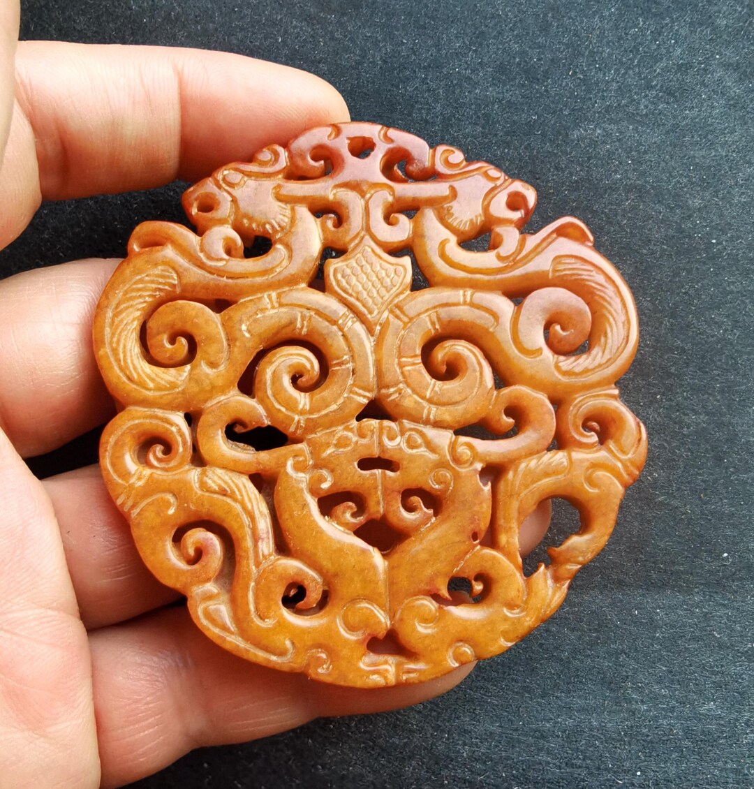 Dragon Phoenix Carving Orange Red Jade Stone Pendant Link,good
