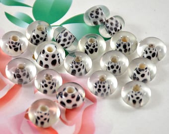 Black Dot Lampwork Beads: Clear Glass Rondelle Charm (3mm Hole)