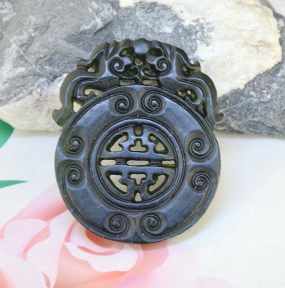 Carved Jade Pendant, Dragon Jade Pendant Flower Jade Pendant Green Jade  Double Face Amulet Talisman Necklace Pendant Jewerly MB