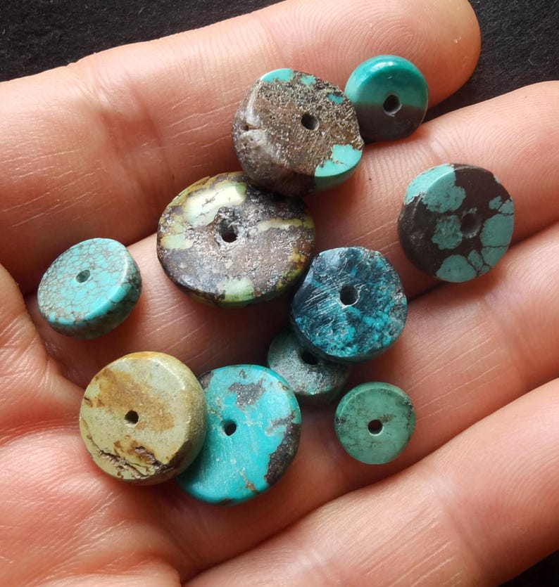 8.8g 10beads Genuine coin donut,natural old turquoise,green black loose beads,for making earring beads,bracelet beads,necklace image 4