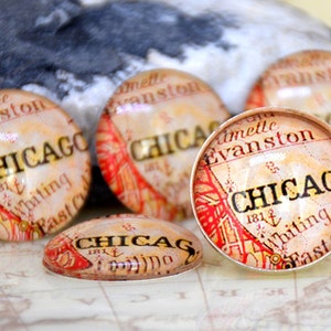 Cúpula de cabujón de cristal con foto hecha a mano con mapa rojo de Chicago de 10 mm, 12 mm, 14 mm, 16 mm, 18 mm, 20 mm, 25 mm y 30 mm para pendientes, broches, anillos, collares y pulseras