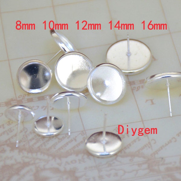 10Pairs 20pcs Ear Stud Trays Silver Plated Ear Tray Fit 8mm/10mm /12mm/14mm/16mm Circle Cabochon smooth Pad Ear Base Set Fitting Ear Stud