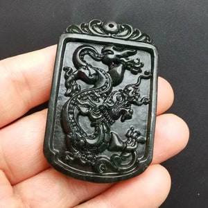 Rectangle Chinese dragon natural black green Jade stone Pendant,Amulet Mythical Animals Necklace Pendant Jewerly MB