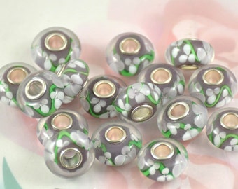 Lavender Flower Lampwork Glass Beads: Large Hole Charm (8mmx15mm)