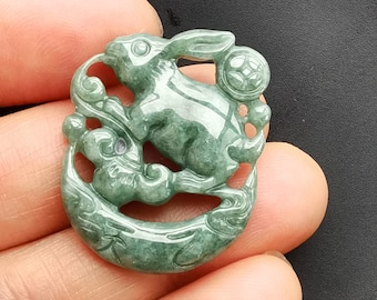 Certified,Natural green Jadeite Jade stone pendant,Grade A,carved Rabbit Moon,flower jade,Amulet necklace,Gemstone bead jewelry