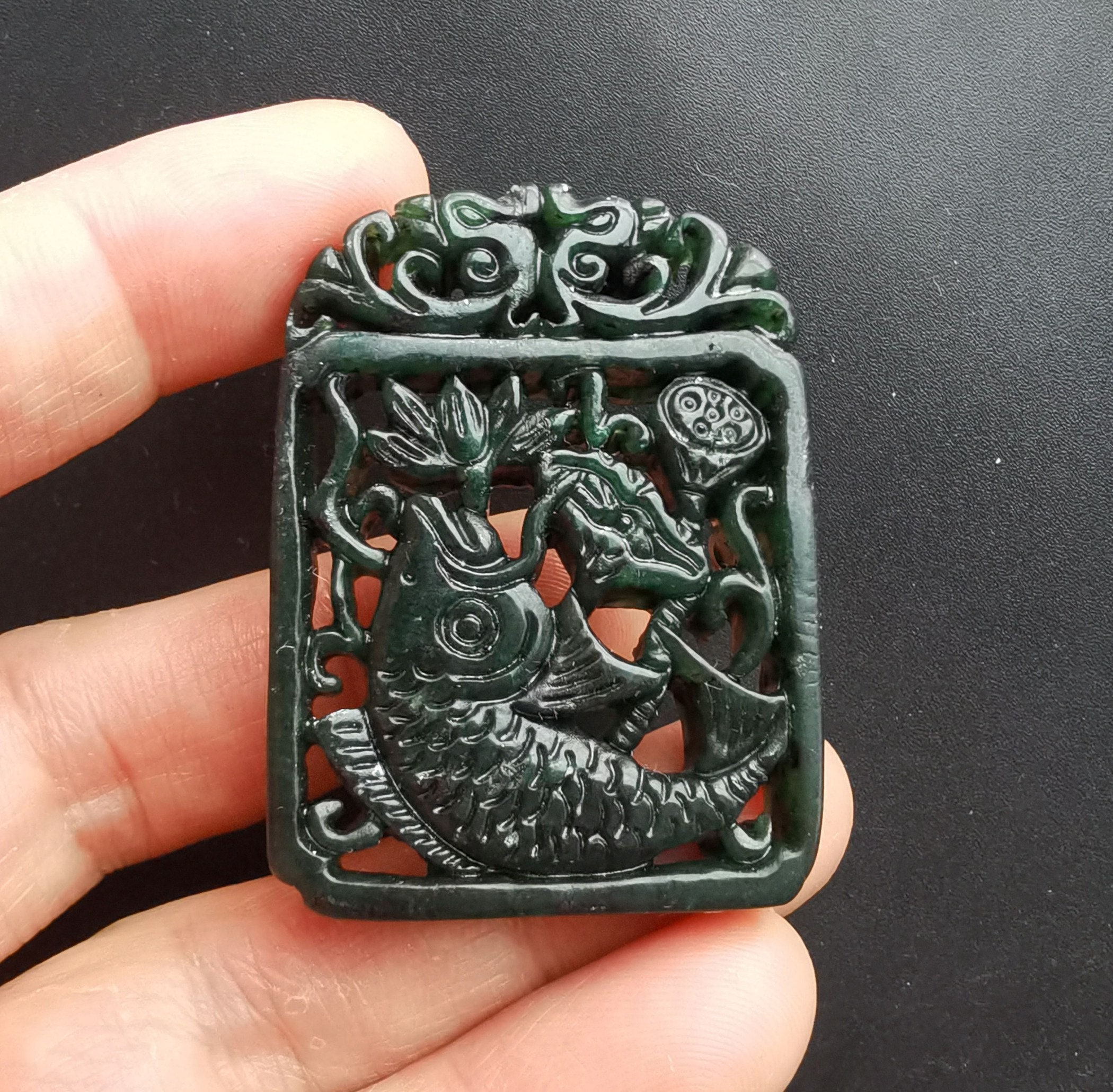 Chinese Natural Black Green Jade Pendant Carved Fish Flower - Etsy