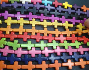Cross howliet turquoise kralen, mixcolor, blauw, zwart, paars, geel, oranje, rood, groen, roze, losse stenen edelsteenkralen, volledige één streng, 16"