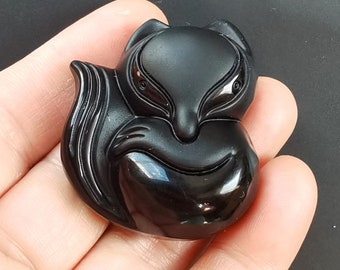 3D Carved Fox Black Obsidian Pendant: Amulet Necklace Jewelry