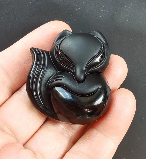 天然石ラブラドライト　きつねパーツ　No.1339 Love 3D Fox Black Obsidian Stone Pendant, Amulet Mythical