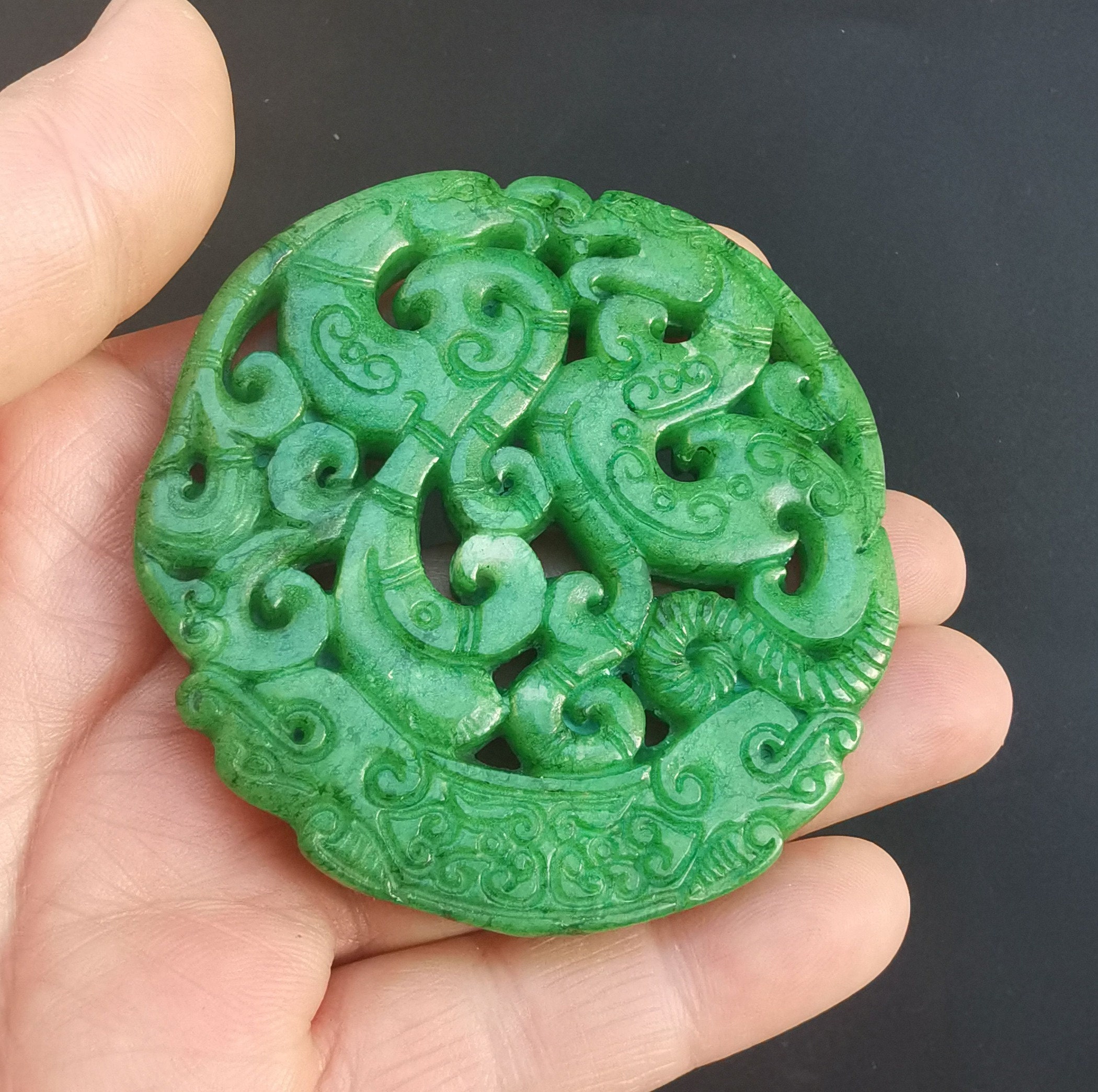 Chinese Jade Stone Pendantcarved Dragon Phoenix Green Jade | Etsy