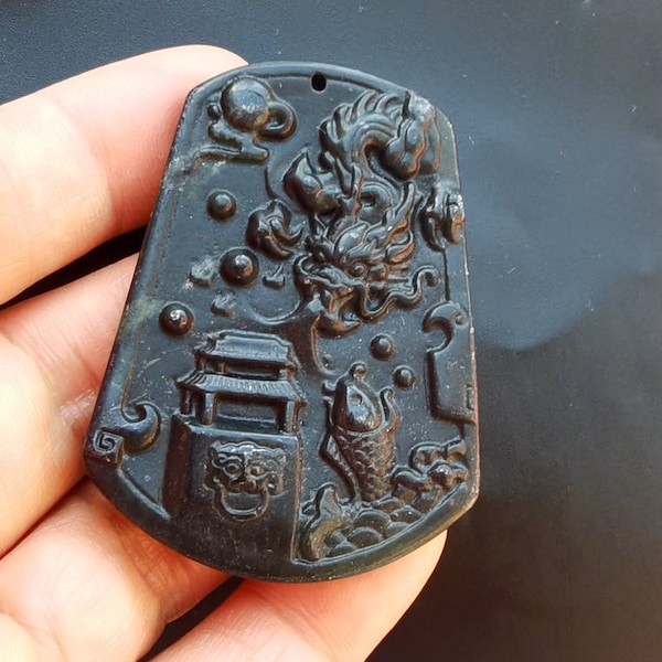 Rectangle Fish Door Dragon carved Chinese natural black green Jade stone Pendant,for making Amulet Mythical Animals Necklace Jewerly MB