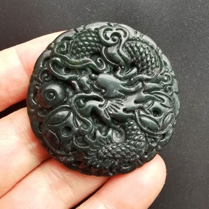 Chinese dragon black green Jade Pendant,circle natural Jade Pendant, Amulet Talisman,handmade Necklace Pendant Jewerly MB