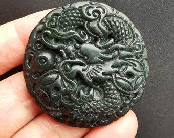 Chinese dragon black green Jade Pendant,circle natural Jade Pendant, Amulet Talisman,handmade Necklace Pendant Jewerly MB